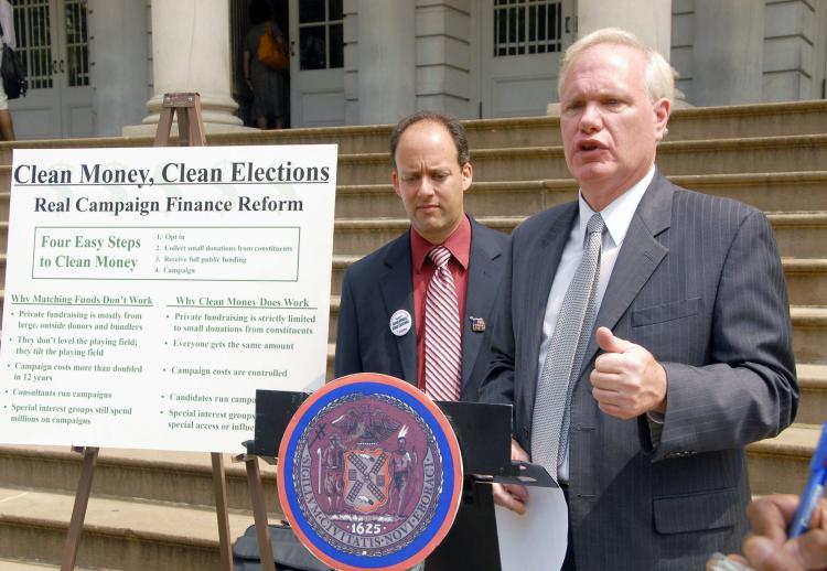 CLEAN MONEY: NYC Councilman Tony Avella on the steps of City Hall announces new campaign fund raising legislation that will level the playing field for candidates. (Christine Lin The Epoch Times)