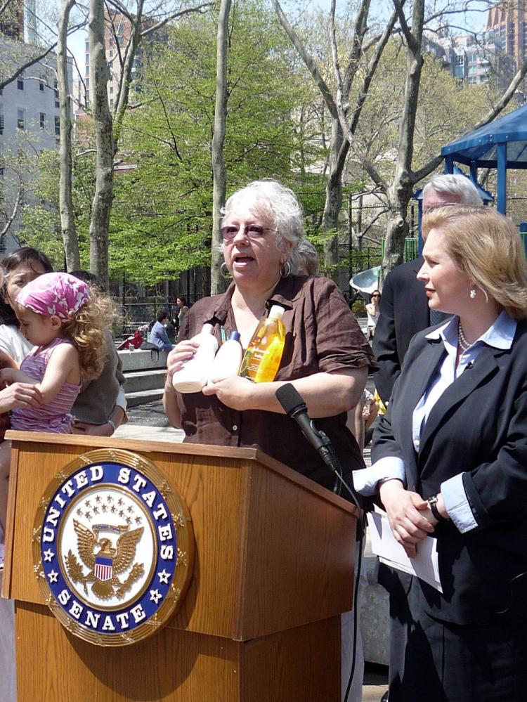 Marian Feinberg of For a Better Bronx holds up baby products that tested positive for toxins as U.S. Senator Kirsten Gillibrand looks on. (Christine Lin/The Epoch Times) Marian Feinberg of For a Better Bronx holds up baby products that tested positive for toxins as U.S. Senator Kirsten Gillibrand looks on. (Christine Lin/The Epoch Times)