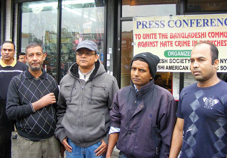 ATTACKED: Members of the Bangladeshi community in Parkchester, Bronx, who were attacked, tell their stories during a press conference. (Gidon Belmaker/The Epoch Times)