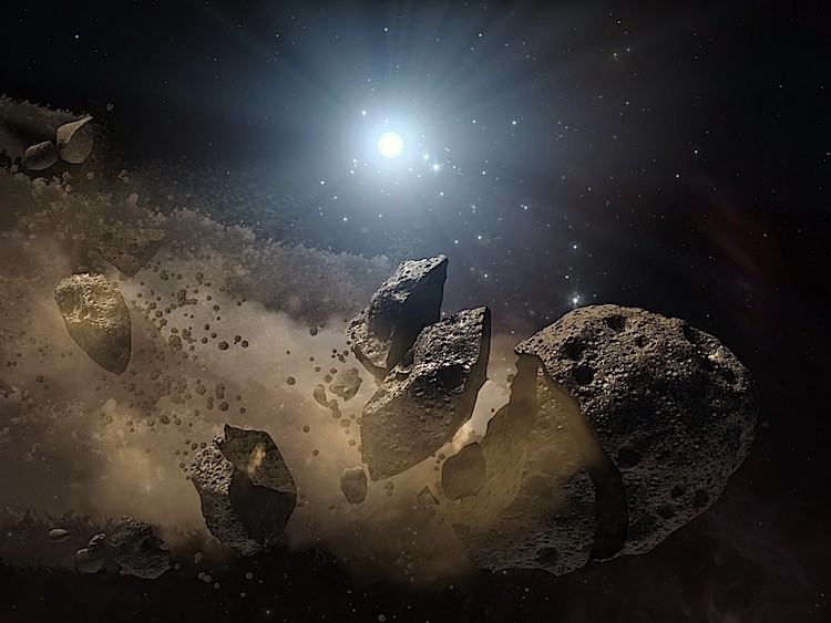 Artist's concept of a broken-up asteroid. A fragment of a giant asteroid that broke up long ago in the main asteroid belt between Mars and Jupiter eventually made its way to Earth and led to the extinction of the dinosaurs. (NASA/JPL-Caltech) Artist's concept of a broken-up asteroid. A fragment of a giant asteroid that broke up long ago in the main asteroid belt between Mars and Jupiter eventually made its way to Earth and led to the extinction of the dinosaurs. (NASA/JPL-Caltech)