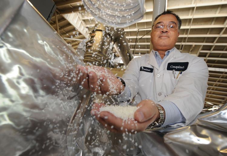 Frederic Scheer, CEO and chairman of Los Angeles-based plastics manufacturer Cereplast, which produces a range of plastics containing no bisphenol-A, a chemical suspected of being hazardous to humans since the 1930s. (Mark Ralston/AFP/Getty Images) Frederic Scheer, CEO and chairman of Los Angeles-based plastics manufacturer Cereplast, which produces a range of plastics containing no bisphenol-A, a chemical suspected of being hazardous to humans since the 1930s. (Mark Ralston/AFP/Getty Images)