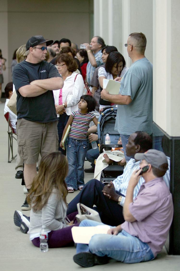 BREADLINE: Hundreds of nervous customers wait in line to get into an IndyMac Bank, open for the first time since the July 11 federal government takeover of the thrift on July 14, 2008 in Pasadena, California. IndyMac, which was already in trouble because  (David McNew/Getty Images)