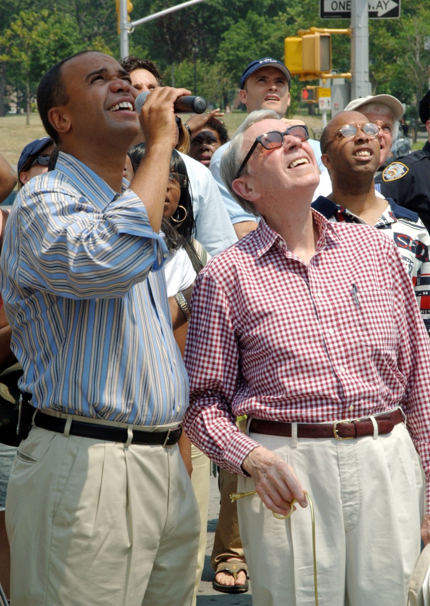 Army Archerd In The Bronx Bronx Borough President Adolfo Carrion (L) and Columnist Army Archerd are seen at the unveiling of the Bronx Walk of Fame during a parade in 2005. Carrion, former Bronx Borough President, is running for mayor of New York City. (Brad Barket/Getty Images)