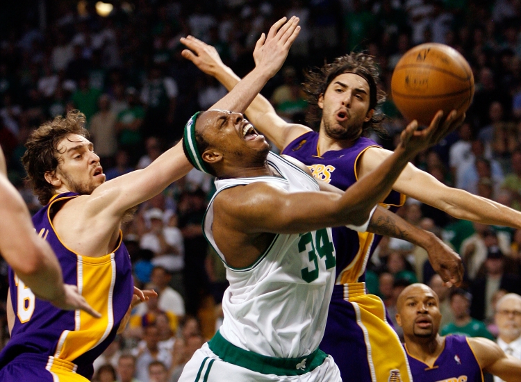 Paul Pierce #34 of the Boston Celtics goes up for a shot between Pau Gasol #16 and Sasha Vujacic #18 of the Los Angeles Lakers. (Kevin C. Cox/Getty Images) Paul Pierce #34 of the Boston Celtics goes up for a shot between Pau Gasol #16 and Sasha Vujacic #18 of the Los Angeles Lakers. (Kevin C. Cox/Getty Images)