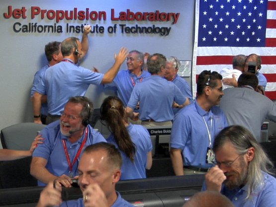 Engineers at NASA's Jet Propulsion Laboratory in Pasadena, Calif., celebrate the landing of NASA's Curiosity rover on the Red Planet. The rover touched down on Mars the evening of Aug. 5 PDT (morning of Aug. 6 EDT). ( NASA/JPL-Caltech) Engineers at NASA's Jet Propulsion Laboratory in Pasadena, Calif., celebrate the landing of NASA's Curiosity rover on the Red Planet. The rover touched down on Mars the evening of Aug. 5 PDT (morning of Aug. 6 EDT). ( NASA/JPL-Caltech)