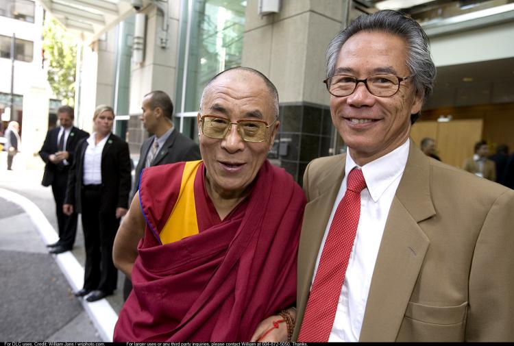 His Holiness the Dalai Lama and Victor Chan, co-founders of the Dalai Lama Center for Peace and Education which will host the upcoming Vancouver Peace Summit: Nobel Laureates in Dialogue.(William Jans) His Holiness the Dalai Lama and Victor Chan, co-founders of the Dalai Lama Center for Peace and Education which will host the upcoming Vancouver Peace Summit: Nobel Laureates in Dialogue.(William Jans)