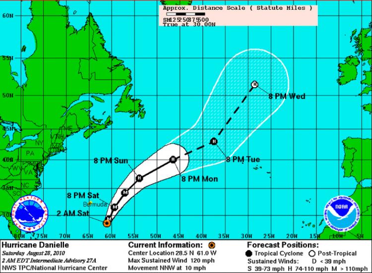 HURRICANE DANIELLE: A five-day forecast cone of Hurricane Danielle (NOAA)