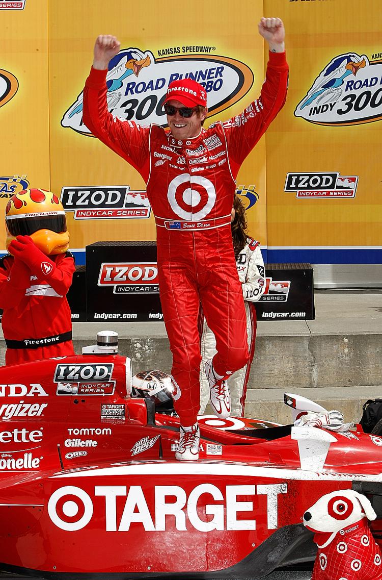 Scott Dixon celebrates winning the Indy Car Series Road Runner Turbo Indy 300 at Kansas Speedway in Kansas City, Kansas. (Jonathan Ferrey/Getty Images) Scott Dixon celebrates winning the Indy Car Series Road Runner Turbo Indy 300 at Kansas Speedway in Kansas City, Kansas. (Jonathan Ferrey/Getty Images)