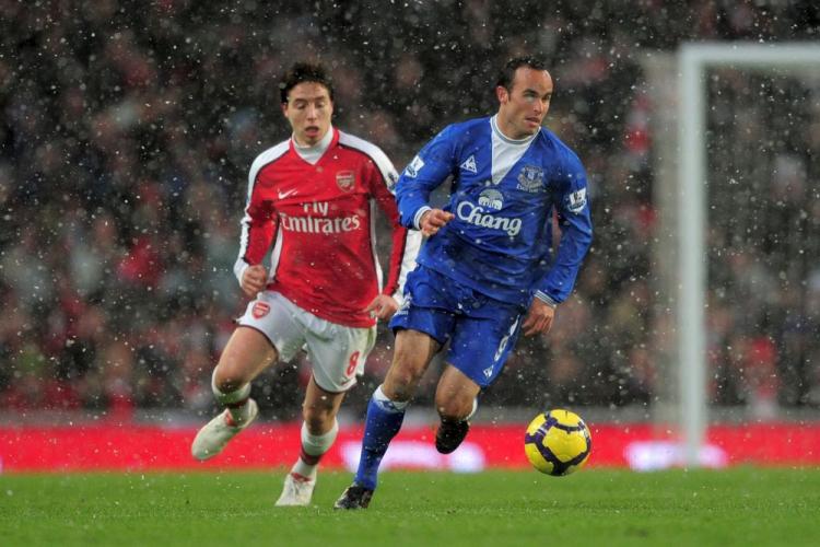 Landon Donovan (right) played his first English Premier League game in snowy conditions on Saturday. (Shaun Botterill/Getty Images) Landon Donovan (right) played his first English Premier League game in snowy conditions on Saturday. (Shaun Botterill/Getty Images)