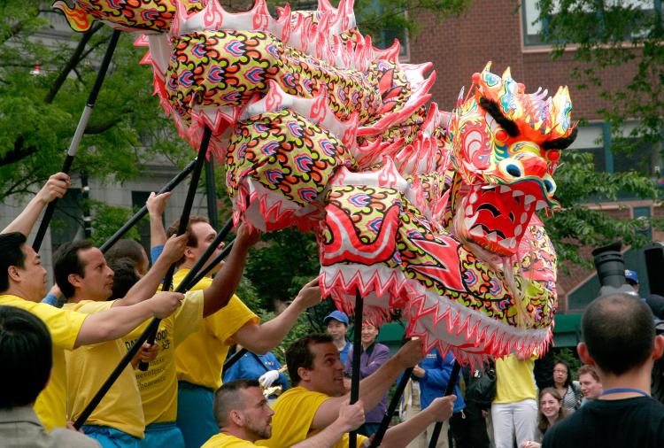 Dragon Dancers greet the crowds at Union Square Park. (Tim McDevitt/The Epoch Times) Epoch Times Photo