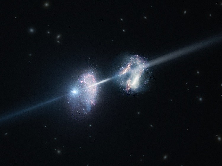 Artist's impression of two galaxies in the early universe. The brilliant explosion on the left is a gamma-ray burst. The light from the burst travels through both galaxies on its way to Earth (outside the frame to the right). Analysis of observations of the light from this gamma-ray burst made using ESO's Very Large Telescope have shown that these two galaxies are remarkably rich in heavier chemical elements. (ESO/L. Calcada) Artist's impression of two galaxies in the early universe. The brilliant explosion on the left is a gamma-ray burst. The light from the burst travels through both galaxies on its way to Earth (outside the frame to the right). Analysis of observations of the light from this gamma-ray burst made using ESO's Very Large Telescope have shown that these two galaxies are remarkably rich in heavier chemical elements. (ESO/L. Calcada)
