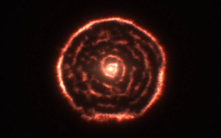 Data visualization showing curious spiral spotted by ALMA around red giant star R Sculptoris. (ESO) 