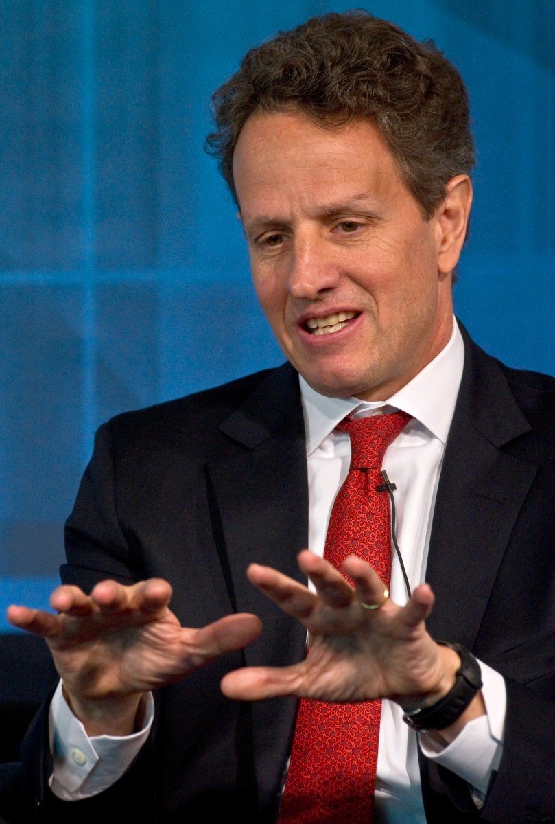 U.S. Treasury Secretary Tim Geithner U.S. Treasury Secretary Tim Geithner addresses a conference ahead of the spring meetings of the International Monetary Fund in Washington in this file photo from April 2011. (Nicholas Kamm/Getty Images)