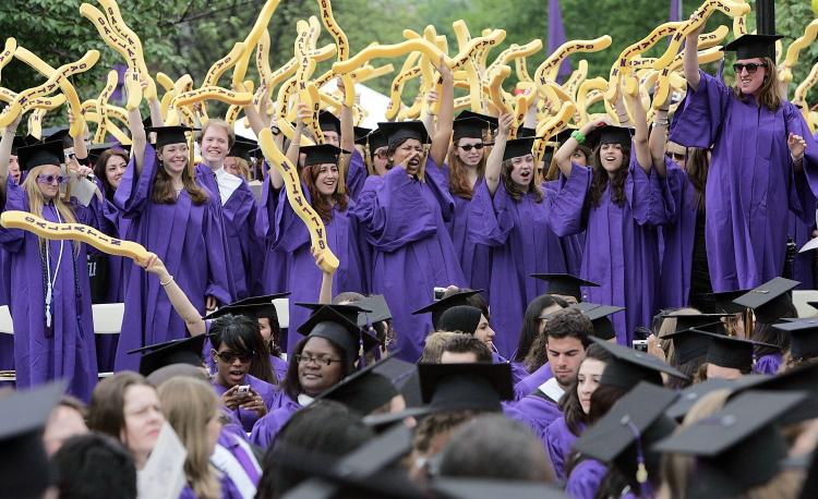 New York University graduates celebrate during commencement ceremonies, on May 10, 2007. (Mario Tama/Getty Images)