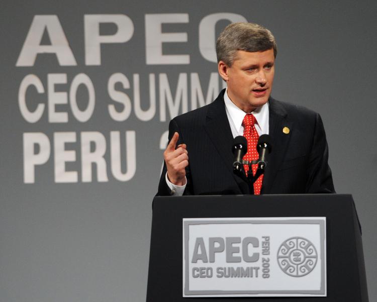 Canadian Prime Minister Stephen Harper delivers a speech during the Asia-Pacific Economic Cooperation (APEC) CEO summit in Lima.  (Martin Bernetti/AFP/Getty Images)