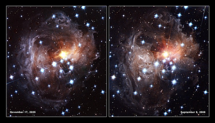 A 'light echo' from dust illuminated by a nearby star, V838 Monocerotis, as it became 600,000 times more luminous than our sun in 2002. The flash is believed to have been caused by a giant collision of some kind, such as between two stars, or a star and a planet. Dramatic collisions of smaller objects like asteroids and minor planets could also release a lot of dust. (NASA/ESA) A 'light echo' from dust illuminated by a nearby star, V838 Monocerotis, as it became 600,000 times more luminous than our sun in 2002. The flash is believed to have been caused by a giant collision of some kind, such as between two stars, or a star and a planet. Dramatic collisions of smaller objects like asteroids and minor planets could also release a lot of dust. (NASA/ESA)
