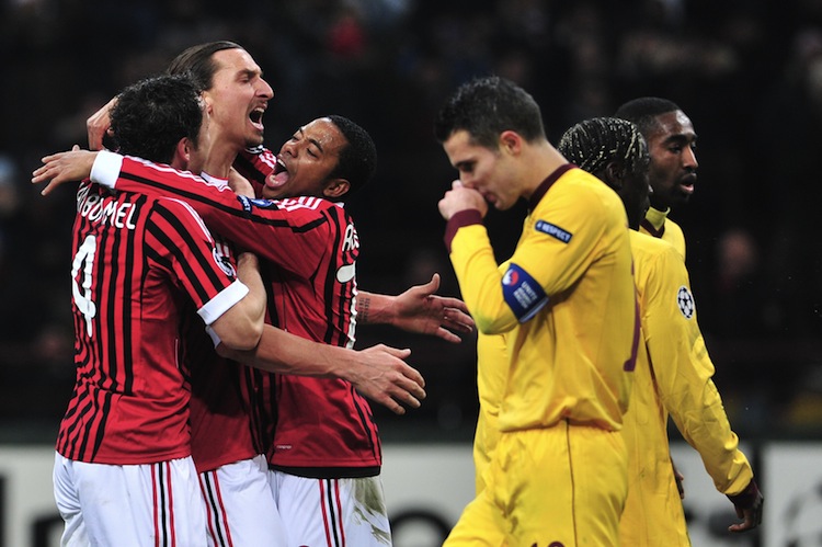 AC Milan's Swedish forward Zlatan Ibrahi AC Milan's Zlatan Ibrahimovic celebrates his goal in a Champions League hammering of Arsenal on Wednesday in Italy. (Giuseppe Cacace/AFP/Getty Images)