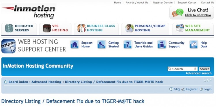 A screenshot from InMotion's 'Defacement Fix due to TiGER-M@TE hack' support page. (Screenshot from Inmotionhosting.com) A screenshot from InMotion's 'Defacement Fix due to TiGER-M@TE hack' support page. (Screenshot from Inmotionhosting.com)