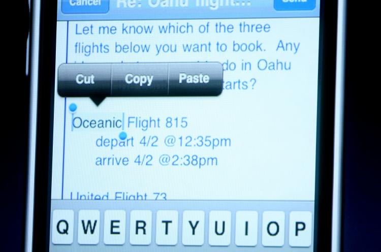 A demo of the new cut and paste feature for iPhone is seen during an event at Apple headquarters in Cupertino, California. AT&T enabled MMS features for Apple's iPhone on Friday, Sep 25. (Justin Sullivan/Getty Images) A demo of the new cut and paste feature for iPhone is seen during an event at Apple headquarters in Cupertino, California. AT&T enabled MMS features for Apple's iPhone on Friday, Sep 25. (Justin Sullivan/Getty Images)