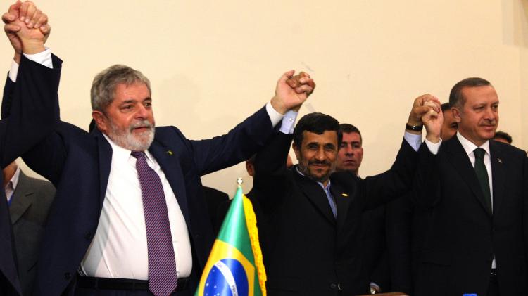 L to R: Brazilian President Luiz Inacio Lula da Silva, Iran's President Mahmoud Ahmadinejad and Turkish Prime Minister Recep Tayyip Erdogan pose with their hands together after the Islamic republic inked a nuclear fuel swap deal in Tehran on May 17. (Atta Kenare/Getty Images) L to R: Brazilian President Luiz Inacio Lula da Silva, Iran's President Mahmoud Ahmadinejad and Turkish Prime Minister Recep Tayyip Erdogan pose with their hands together after the Islamic republic inked a nuclear fuel swap deal in Tehran on May 17. (Atta Kenare/Getty Images)