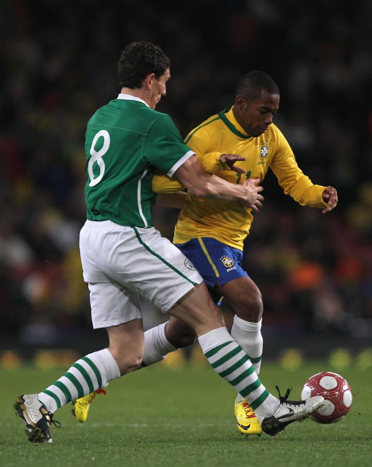 HIGH PROFILE FRIENDLY MATCH: Ireland's Keith Andrews battles Brazil's Robinho at the Emirates on Tuesday. (Hamish Blair/Getty Images) HIGH PROFILE FRIENDLY MATCH: Ireland's Keith Andrews battles Brazil's Robinho at the Emirates on Tuesday. (Hamish Blair/Getty Images)