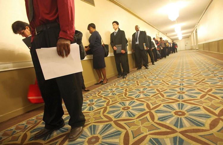 Job seekers line up to attend a job fair September 29, 2010 in New York City. American companies have also increased the offshoring of skilled, professional service sector employees. (Mario Tama/Getty Images) Job seekers line up to attend a job fair September 29, 2010 in New York City. American companies have also increased the offshoring of skilled, professional service sector employees. (Mario Tama/Getty Images)
