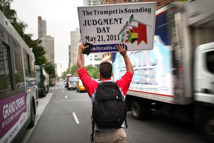 Participants in a movement that is proselytizing that the world will end this May 21, Judgment Day, walk through New York City. (Spencer Platt/Getty Images) Participants in a movement that is proselytizing that the world will end this May 21, Judgment Day, walk through New York City. (Spencer Platt/Getty Images)