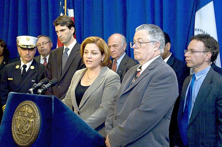 ABATEMENT: City Council Speaker Christine C. Quinn (C) announces new legislation to enhance safety protocols at construction and demolitions sites. To her right stands Joseph Graffagnino Sr., the father of FDNY firefighter Graffagnino who was killed in a fire at the Deutsche Bank building. (William Alatriste) ABATEMENT: City Council Speaker Christine C. Quinn (C) announces new legislation to enhance safety protocols at construction and demolitions sites. To her right stands Joseph Graffagnino Sr., the father of FDNY firefighter Graffagnino who was killed in a fire at the Deutsche Bank building. (William Alatriste)