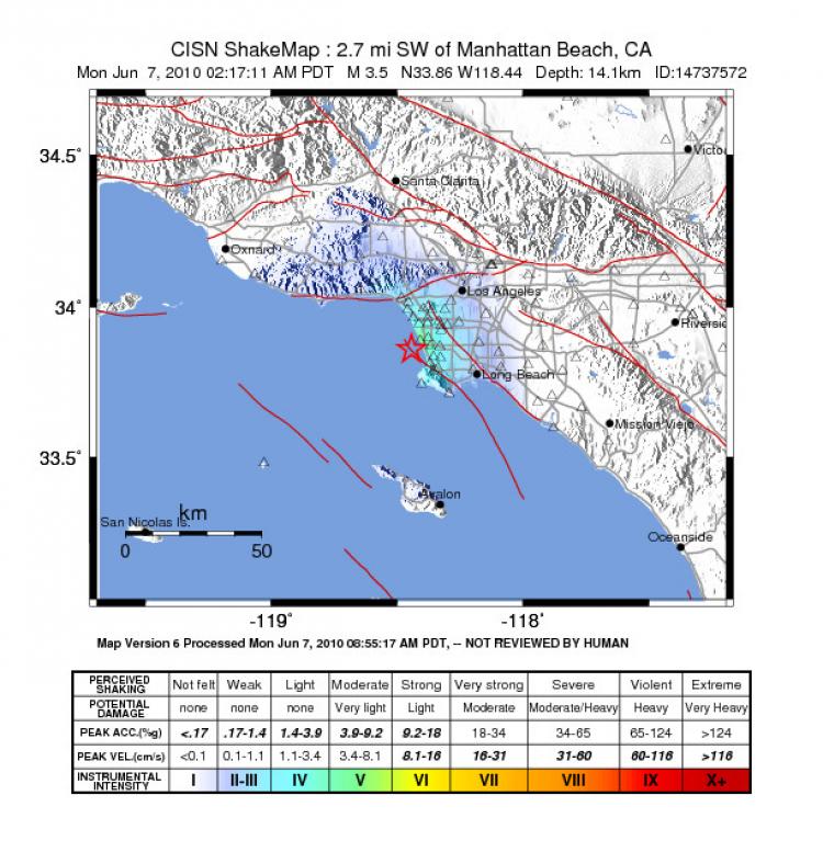 A graphic depicting the intensity of the Monday, June 7 earthquake in Los Angeles, CA, which measured 3.5 on the Richter scale. (Courtesy of Usgs.gov) A graphic depicting the intensity of the Monday, June 7 earthquake in Los Angeles, CA, which measured 3.5 on the Richter scale. (Courtesy of Usgs.gov)
