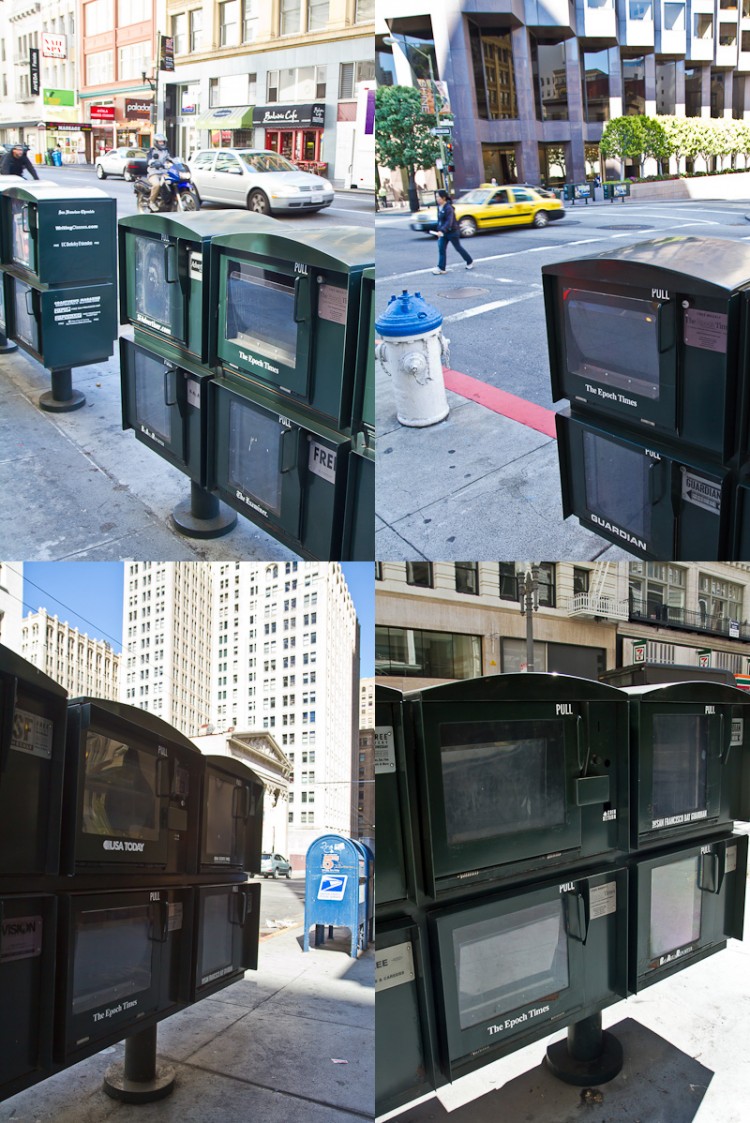 A montage of photos of four empty Epoch Times newspaper boxes in the Financial District in San Francisco, taken on Aug. 22. (Jan Jekielek/The Epoch Times) A montage of photos of four empty Epoch Times newspaper boxes in the Financial District in San Francisco, taken on Aug. 22. (Jan Jekielek/The Epoch Times)