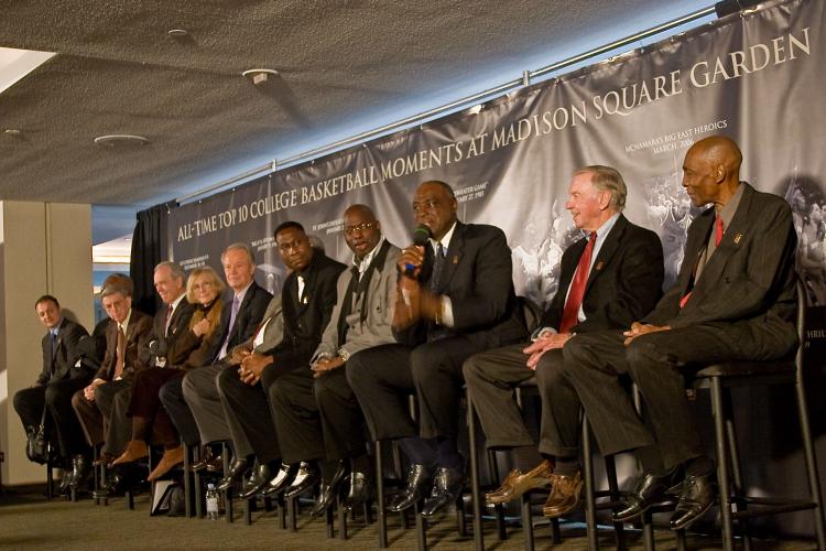 College basketball stars, their relatives, or coaches gather at Madison Square Garden on Wednesday to be honored as part of the 10 greatest moments in college basketball at the Garden. (Dan Skorbach/The Epoch Times)