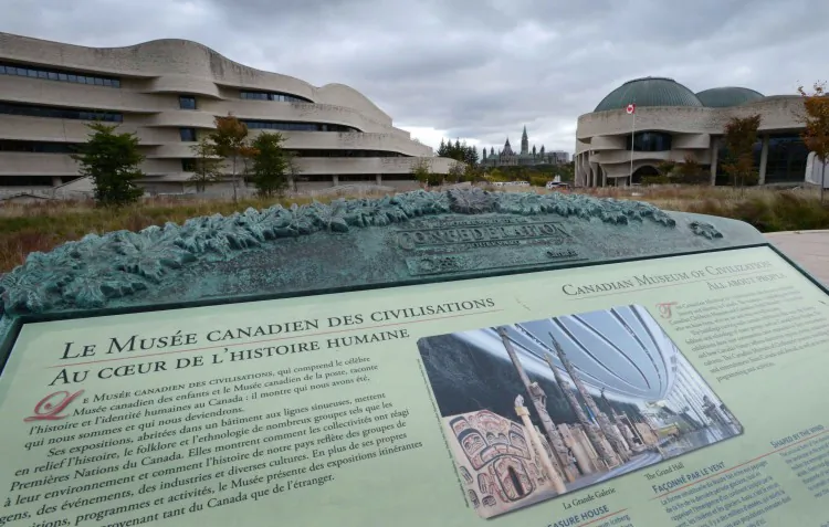 A plaque displays information about the Canadian Museum of Civilization in Gatineau, Que. (The Canadian Press/Sean Kilpatrick)