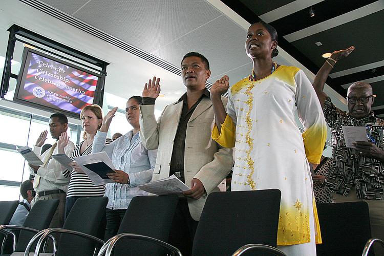 (L-R): Toffik Reyes Garcia, from Honduras, Marie-Chantel Quintero of Canada, Milagro Umanzor of El Salvador, Fidinarivo Andriambalohery of Madagascar, Carmen Helasse(C) from Trinidad and Tobago, and Norman Washington Malcom from Jamaica take the Oath of A (Karen Bleier/AFP/Getty Images) (L-R): Toffik Reyes Garcia, from Honduras, Marie-Chantel Quintero of Canada, Milagro Umanzor of El Salvador, Fidinarivo Andriambalohery of Madagascar, Carmen Helasse(C) from Trinidad and Tobago, and Norman Washington Malcom from Jamaica take the Oath of A (Karen Bleier/AFP/Getty Images)