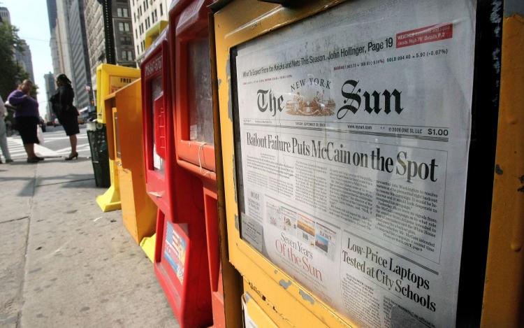 The last edition of the New York Sun on display on Sept. 30, 2008 in New York City. (Mario Tama/Getty Images) The last edition of the New York Sun on display on Sept. 30, 2008 in New York City. (Mario Tama/Getty Images)