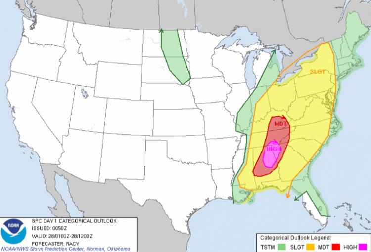 The Storm Prediction Center is forecasting severe thunderstorms over parts of the Gulf States northward through the Ohio Valley and eastward into the Appalachians through late Wednesday evening. (NOAA) The Storm Prediction Center is forecasting severe thunderstorms over parts of the Gulf States northward through the Ohio Valley and eastward into the Appalachians through late Wednesday evening. (NOAA)