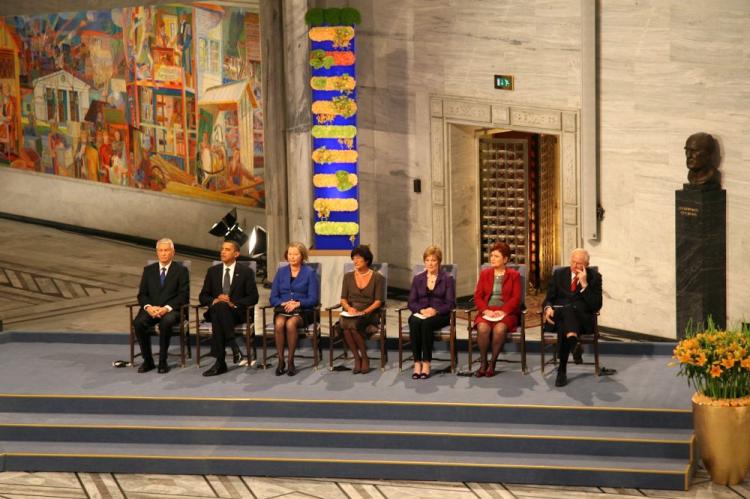 Recipients of this year's Nobel Prizes, including President Barack Obama (2nd from left), at the awards ceremony in Oslo City Hall on Thursday. (Lily Wang/The Epoch Times)