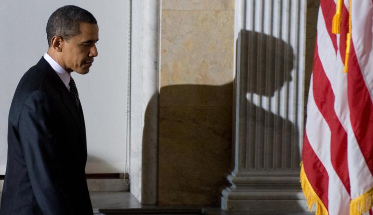US President Barack Obama leaves the Treasury Department in Washington, DC, January 26, 2009. He gave his first foreign media interview to an Arabic TV station. (Saul Loeb/AFP/Getty Images)