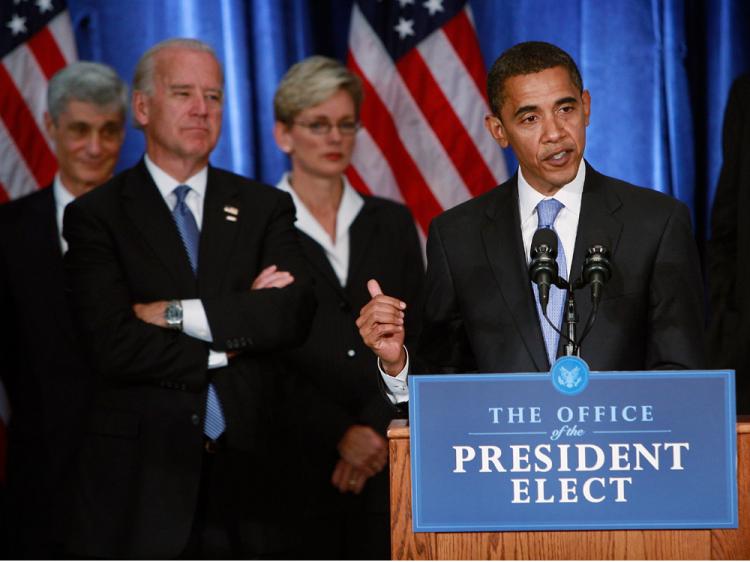 President-elect Barack Obama holds his first post-election press conference at the Hilton Hotel flanked by his vice president-elect Joe Biden (2nd L) and members of his Transition Economic Advisory Board November 7, 2008 in Chicago, Illinois. (Scott Olson/Getty Images) President-elect Barack Obama holds his first post-election press conference at the Hilton Hotel flanked by his vice president-elect Joe Biden (2nd L) and members of his Transition Economic Advisory Board November 7, 2008 in Chicago, Illinois. (Scott Olson/Getty Images)
