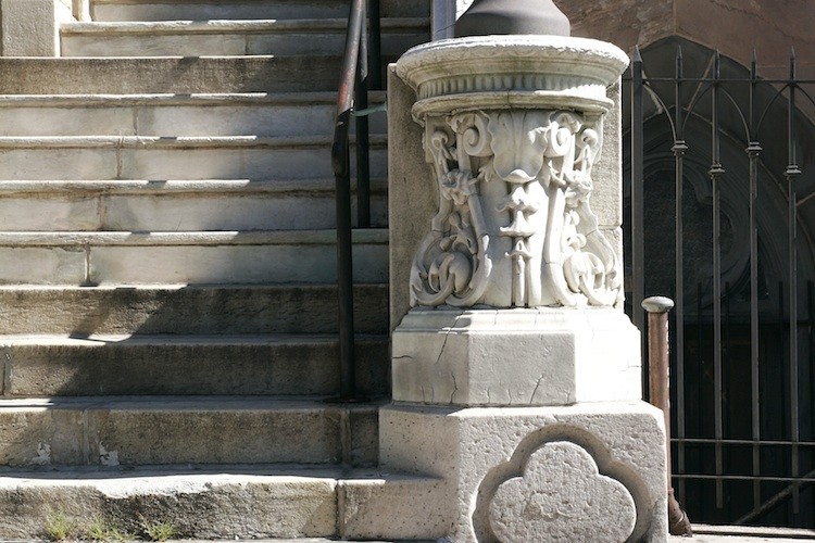 ELEGANT: One of two marble pedestals salvaged from the Fifth Avenue mansion of A.T. Stewart incorporated in the construction of Our Lady of Lourdes Church on West 142nd Street. (Tim McDevitt/The Epoch Times) ELEGANT: One of two marble pedestals salvaged from the Fifth Avenue mansion of A.T. Stewart incorporated in the construction of Our Lady of Lourdes Church on West 142nd Street. (Tim McDevitt/The Epoch Times)