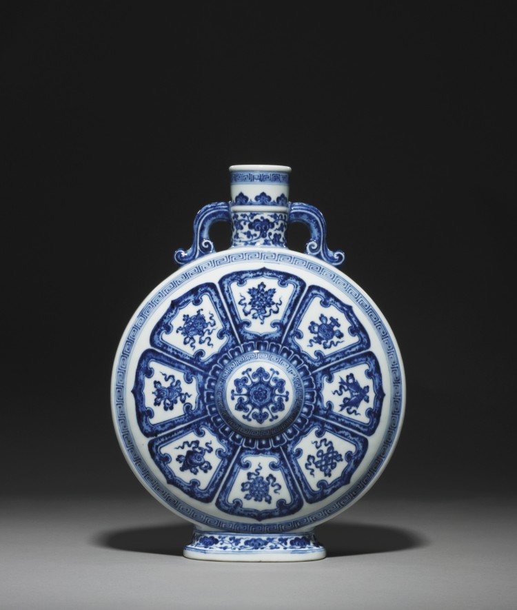 A rare blue-and-white Ming-style moon flask, Qianlong seal mark in underglaze blue, of the period (1736-1795) sold for $2,658,500. Its pre-sale estimate was $500,000 to $700,000. (Courtesy of Christie's) A rare blue-and-white Ming-style moon flask, Qianlong seal mark in underglaze blue, of the period (1736-1795) sold for $2,658,500. Its pre-sale estimate was $500,000 to $700,000. (Courtesy of Christie's)