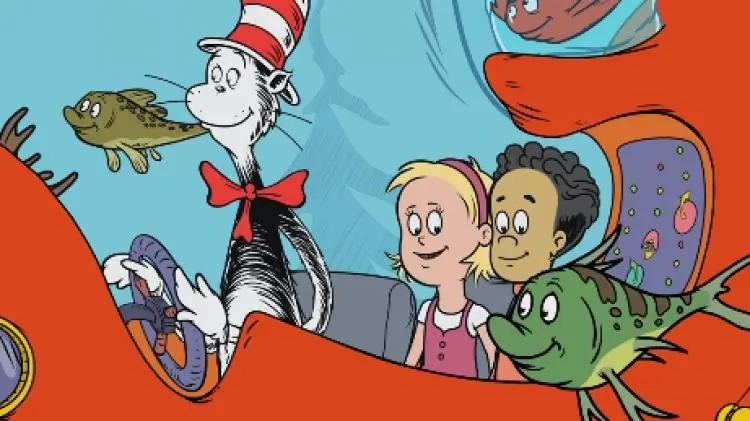 Dr. Seuss: The Cat in the Hat (L) takes Nick (R) and Sally on a "tiny" adventure. (PBS KIDS)