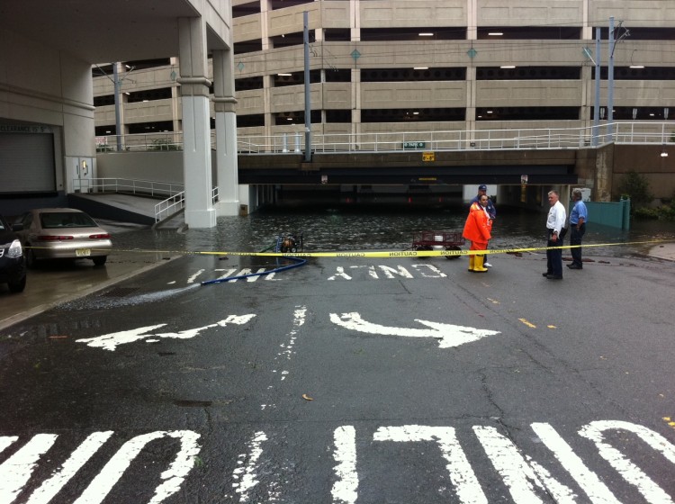 Waters have flooded into the parking lot of the Weatin Hotel in Jersey City, N.J. (Jason Loftus/The Epoch Times)
