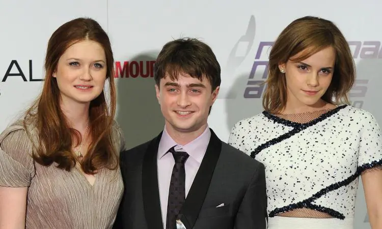Harry Potter stars, (L to R) Actress Bonnie Wright, Actor Daniel Radcliffe, and Actress Emma Watson at the 2010 National Movie Awards on May 26, in London. The last chapter of the Harry Potter movies, 'Deadly Hallows,' has finished production marking the end of the 'Potter' films. (Gareth Cattermole/Getty Images)