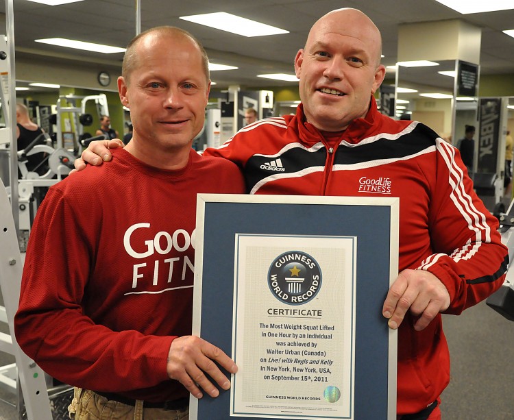 Powerlifter Walter Urban (L) and his trainer Mark Giffin. Urban has set a new Guinness world record for the most amount of weight squat-lifted in one hour. (COURTESY OF THE MERCURY) Powerlifter Walter Urban (L) and his trainer Mark Giffin. Urban has set a new Guinness world record for the most amount of weight squat-lifted in one hour. (COURTESY OF THE MERCURY)