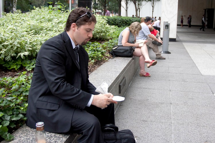 A PLACE TO REST: One Penn Plaza at 34th Street and Eighth Avenue is a privately owned public space. Local employees and pedestrians stop for a rest at lunch hour. (Tara MacIsaac/The Epoch Times) A PLACE TO REST: One Penn Plaza at 34th Street and Eighth Avenue is a privately owned public space. Local employees and pedestrians stop for a rest at lunch hour. (Tara MacIsaac/The Epoch Times)