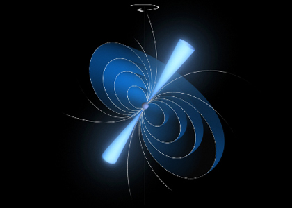 A pulsar with glowing cones of radiation stemming from its magnetic poles. (European Space Agency/ATG medialab) A pulsar with glowing cones of radiation stemming from its magnetic poles. (European Space Agency/ATG medialab)