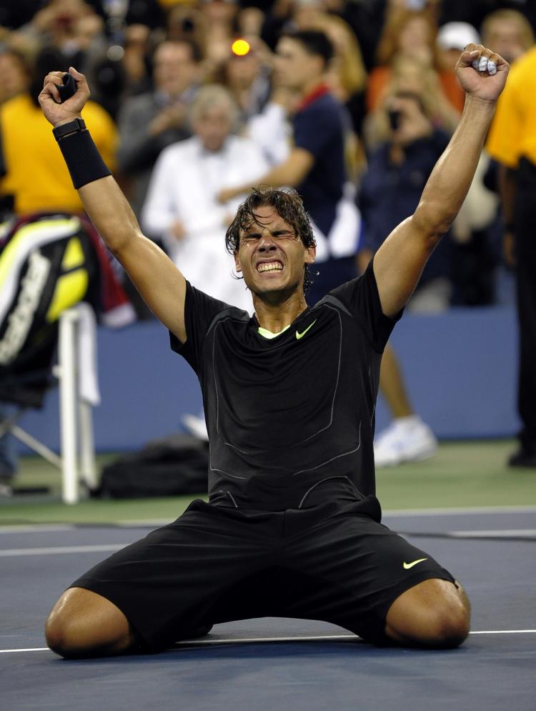 Rafael Nadal celebrates beating Novak Djokovic in the U.S. Open Men's Singles Final. (Timothy A. Clary/AFP/Getty Images) Rafael Nadal celebrates beating Novak Djokovic in the U.S. Open Men's Singles Final. (Timothy A. Clary/AFP/Getty Images)