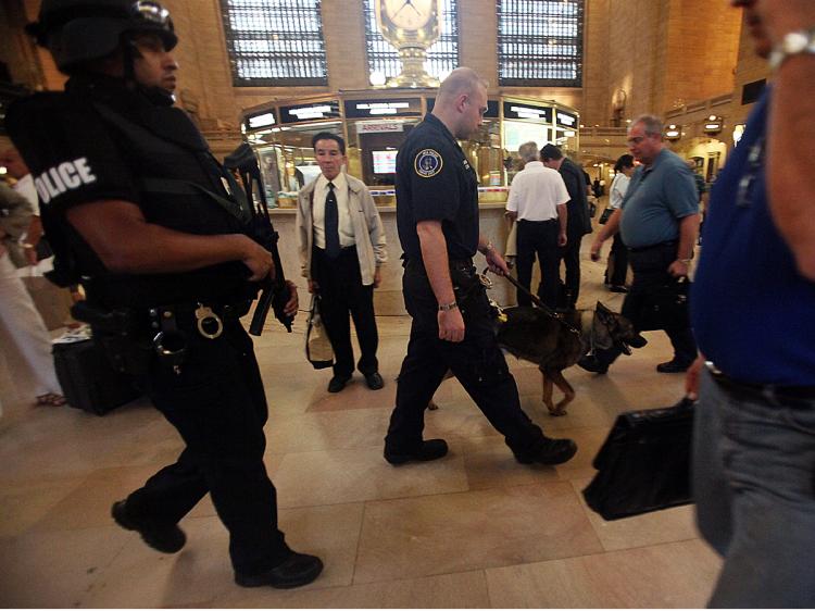 Metropolitan Transit Authority (M.T.A.) police officers patrol in Grand Central Terminal September in New York City to deter possible terrorist attacks. (Mario Tama/Getty Images) Metropolitan Transit Authority (M.T.A.) police officers patrol in Grand Central Terminal September in New York City to deter possible terrorist attacks. (Mario Tama/Getty Images)