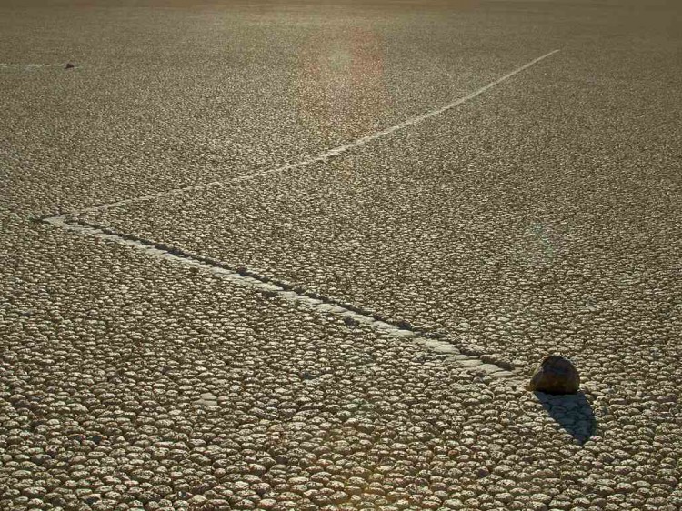 A sailing stone. Sailing stones are stones that have been observed to move along the ground over a period of time without human or animal intervention. To date, it is a mystery how this happens. (Jon Sullivan) A sailing stone. Sailing stones are stones that have been observed to move along the ground over a period of time without human or animal intervention. To date, it is a mystery how this happens. (Jon Sullivan)