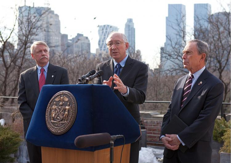 GREAT OUTDOORS: U.S. Secretary of the Interior Ken Salazar promotes America's Great Outdoors initiative at Central Park on Thursday. He is flanked by Mayor Michael Bloomberg (R) and National Parks Service Director Jonathan Jarvis (L). (Amal Chen/The Epoch Times)
